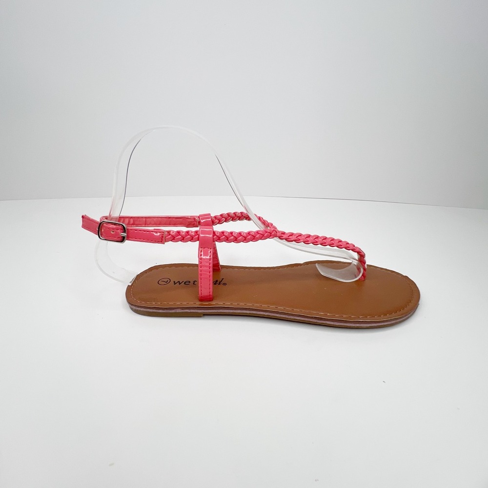 WET SEAL‎ Coral Pink Skinny Braid T Strap Flat Sandals 7